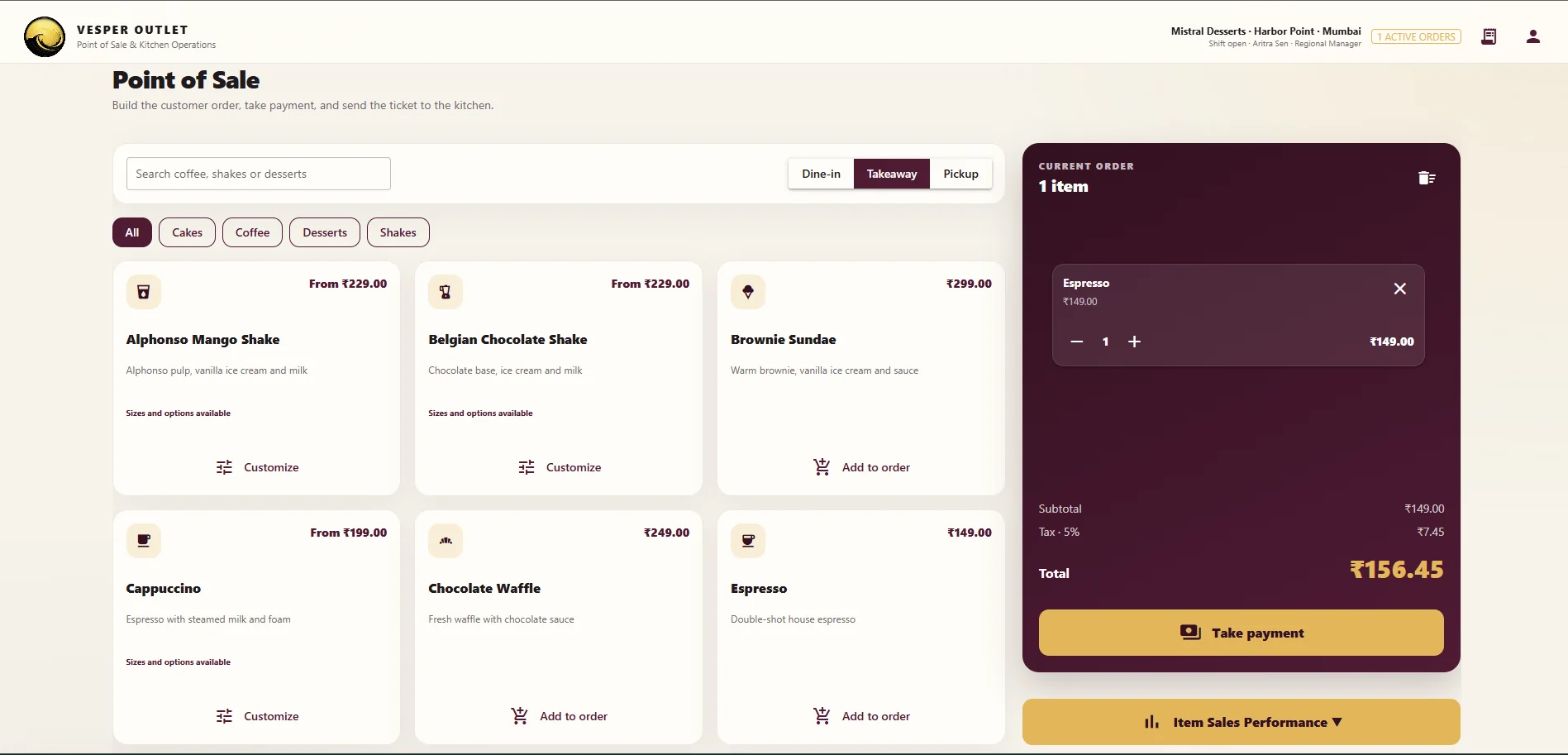 Vesper point of sale application