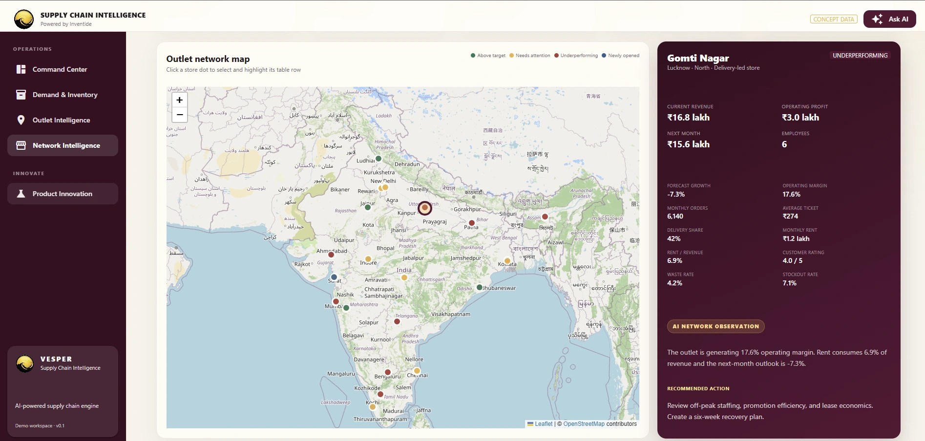 Vesper outlet network map with a selected store profile, AI observation and recommended action