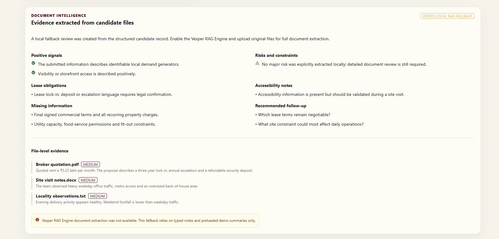 Vesper document intelligence extracting evidence from broker quotations, site notes and locality observations