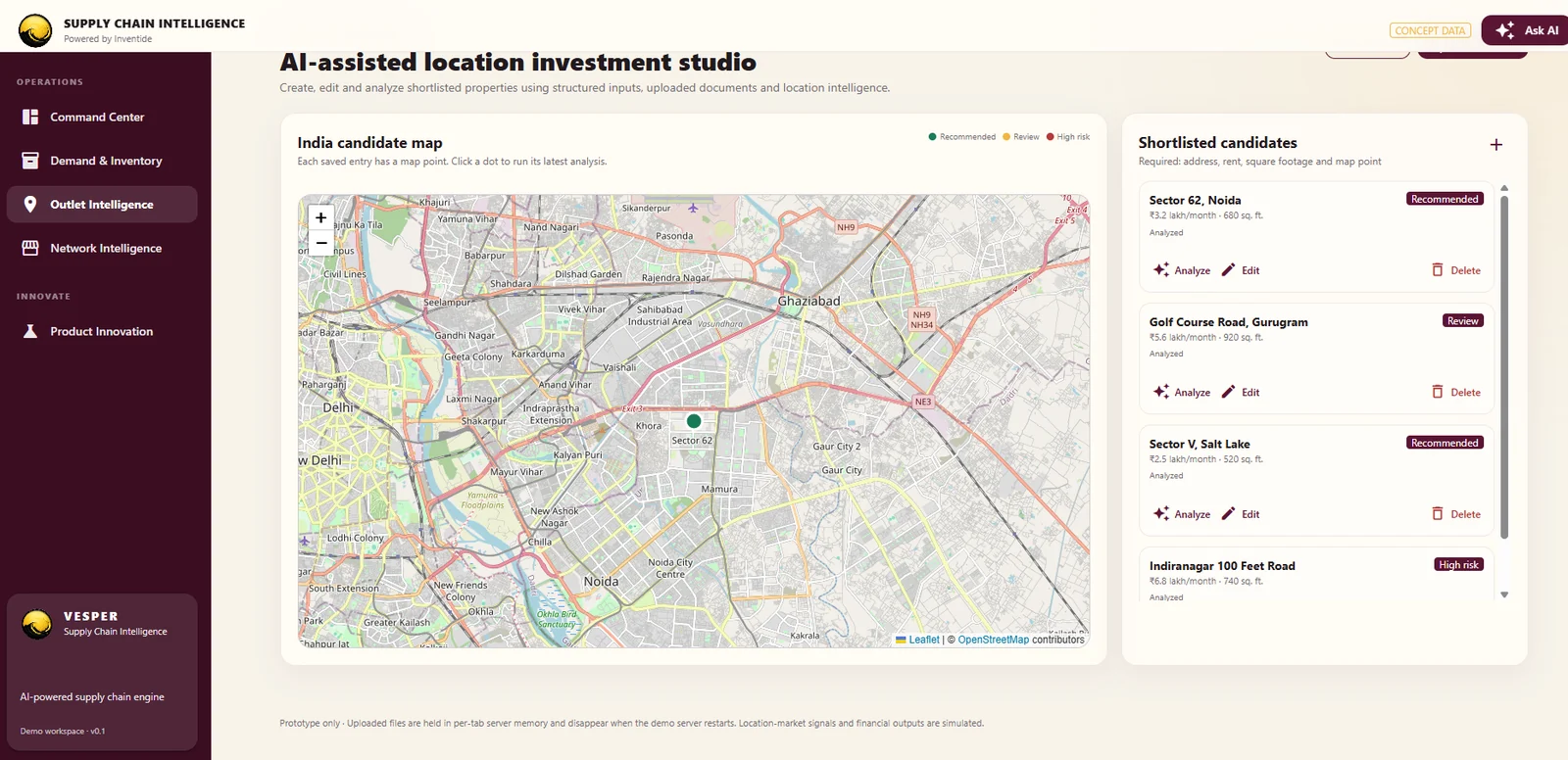 Vesper outlet intelligence application