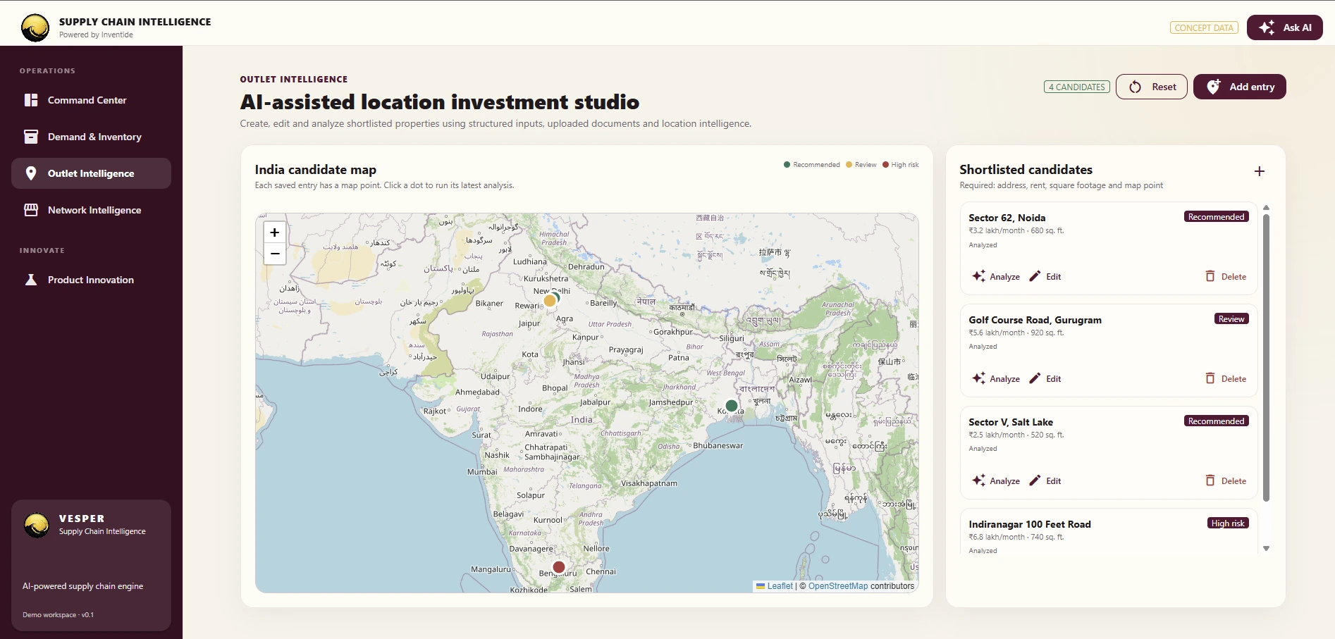 Vesper candidate map with shortlisted outlet locations and their status