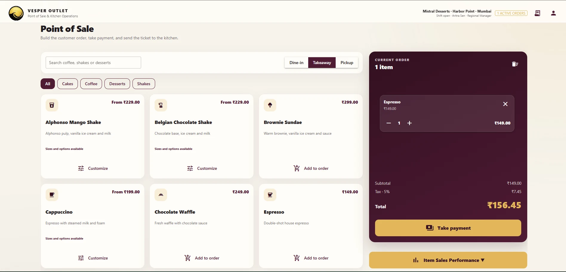 Vesper Point of Sale screen showing menu items, current order and item sales performance button