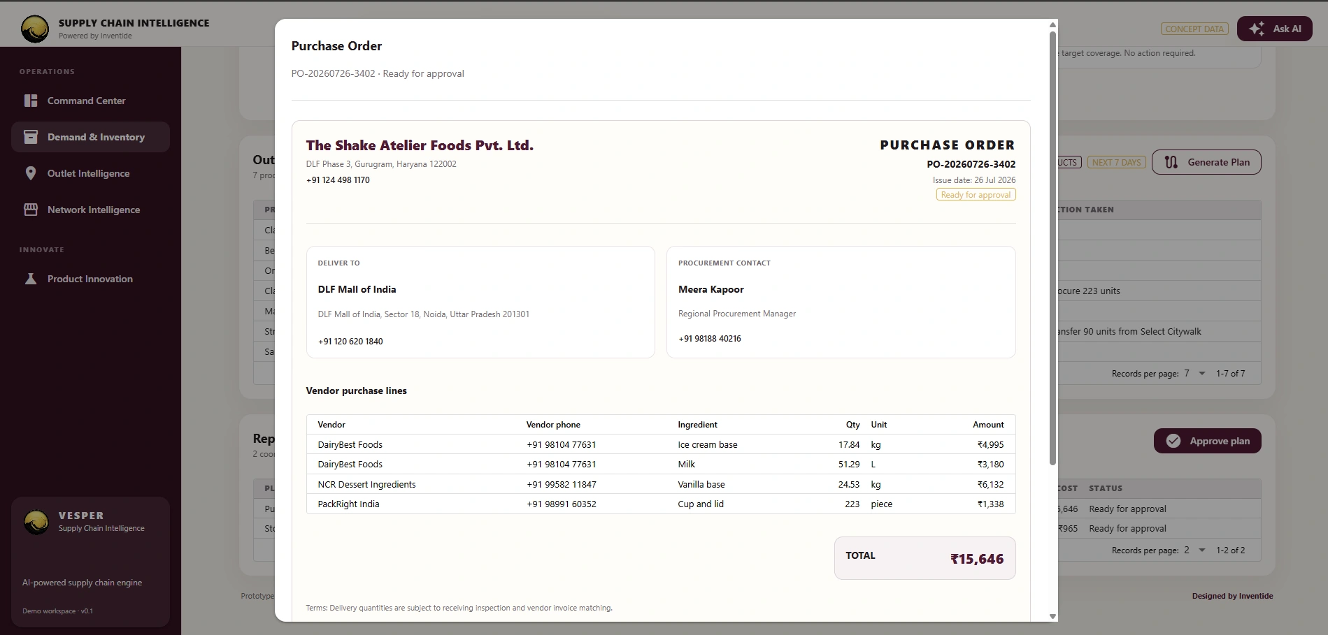 Purchase order generated by Vesper for management approval